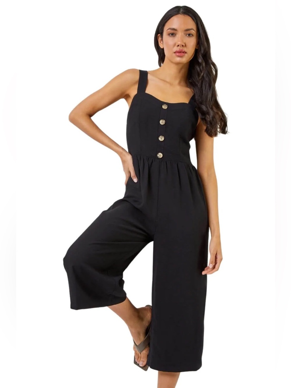 Black Button-Front Sleeveless Jumpsuit